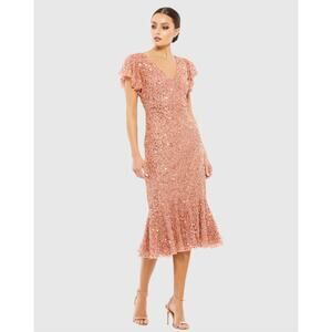 NWT Mac Duggal Rose Gold Pink Sequin Flutter Sleeve Flute Midi 10801 Dress US 6